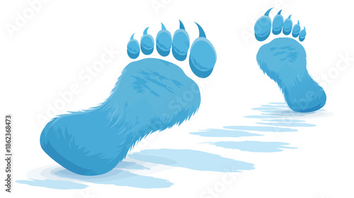 Blue furry creature footprints with claws, leaving tracks on a white surface. Cartoon style mythical monster paw prints.