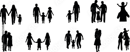 Silhouette of diverse family and relationship groups in various poses