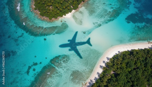 Aerial view of airplane shadow over turquoise tropical lagoon representing wanderlust travel dreams paradise destination vacation freedom and connection between sky and ocean