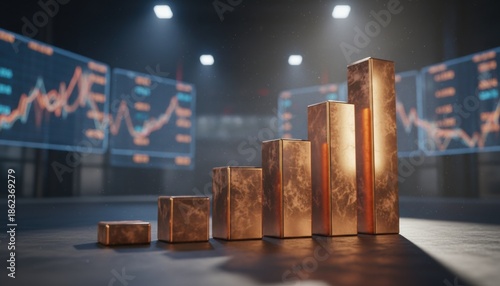 Abstract copper bar chart in front of blurred trading screens, symbolizing financial growth, investment performance metrics and rising market opportunities