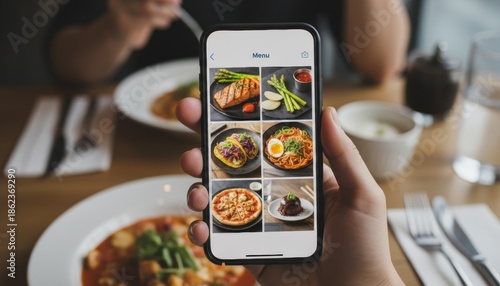 Hand holding smartphone displaying colorful restaurant menu with images of salmon tacos pizza and pasta over dining table at bistro or cafe