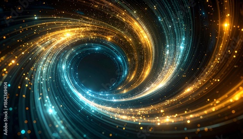 Dynamic swirl of luminous blue and gold particles, forming a central, dark vortex