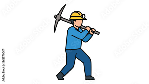 A cartoon depiction of a miner carrying a pickaxe over their shoulder wearing a helmet
