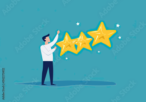 Businessman holding golden star with three gold stars rating concept for customer feedback and service quality evaluation in flat style vector illustration