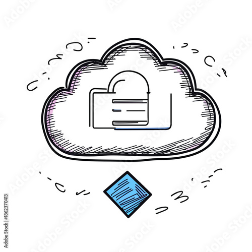 Hand drawn sketch style cloud with open padlock symbol and blue diamond shape representing cloud security concept vector illustration