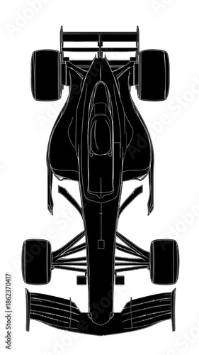 Top view black silhouette of Formula 1 racing car vector illustration in flat minimalist style with aerodynamic design and large tires isolated on white background