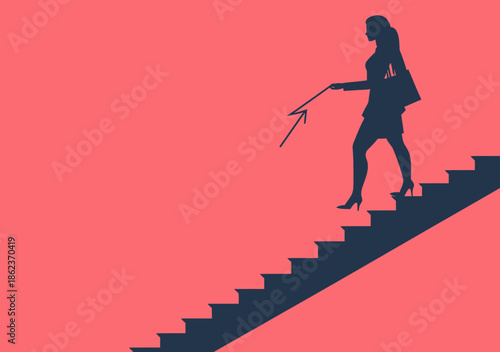 Silhouette of businesswoman walking down staircase holding arrow symbolizing direction and career progress concept flat minimalist vector illustration on red background