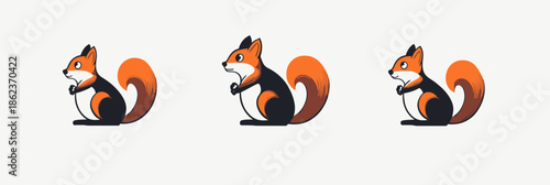 Three cute cartoon squirrel icons in flat minimalist style with bushy tails and orange black white fur set on white background for children design and branding concepts