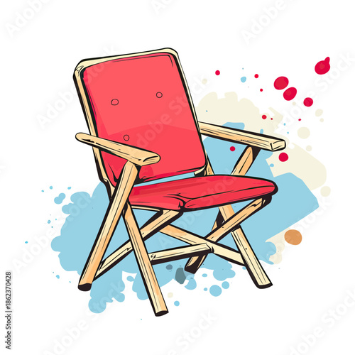 Red cushioned wooden director chair sketch with armrests and angled legs isolated on white background artistic drawing with colorful paint splatters