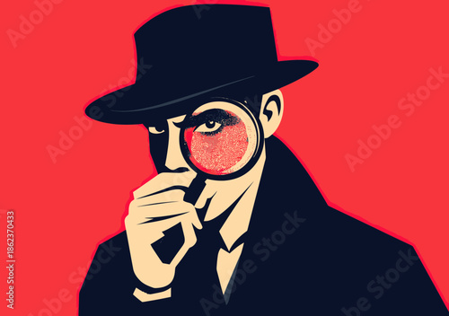 Male detective or spy in dark coat and hat holding magnifying glass looking through it with serious expression on red background vector illustration