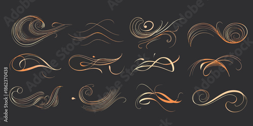 Set of elegant golden line swirl flourishes and decorative calligraphy ornamental elements with various curves and curls on dark background for design accents and borders