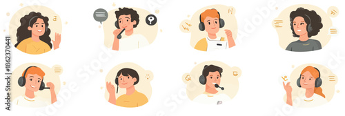 Diverse customer support agents and callers using headsets with speech bubbles in flat minimalist style vector illustration set for online helpdesk communication
