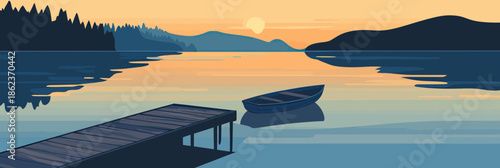 Calm lake at sunset with wooden pier reflection and isolated rowboat floating on still water minimalistic flat vector landscape illustration