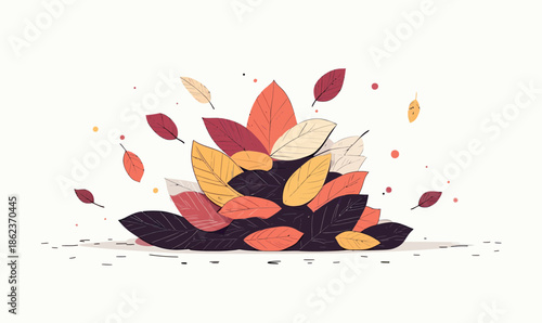 Flat minimalist vector illustration of colorful autumn leaves pile with red, orange, yellow, and beige foliage falling on ground isolated on white background