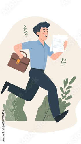 Businessman running with briefcase and documents in hand flat vector illustration representing urgency and professional activity outdoors surrounded by plants and leaves background
