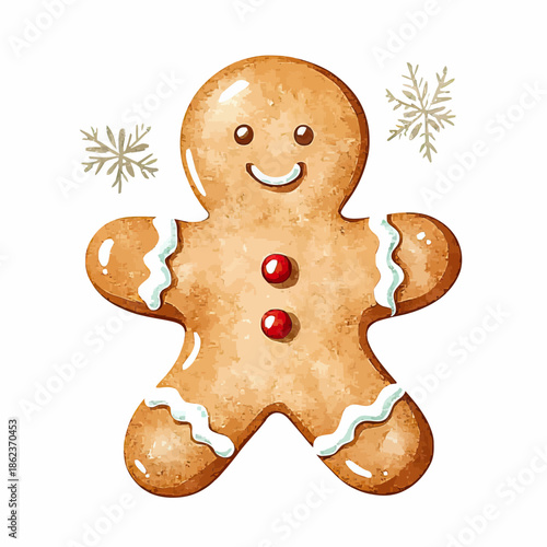 Watercolor gingerbread man cookie with icing and red candy buttons isolated on white background with snowflakes festive winter holiday food illustration