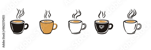 Minimalist vector illustration of five steaming coffee cups in various colors and designs for coffee shop branding and labels collection