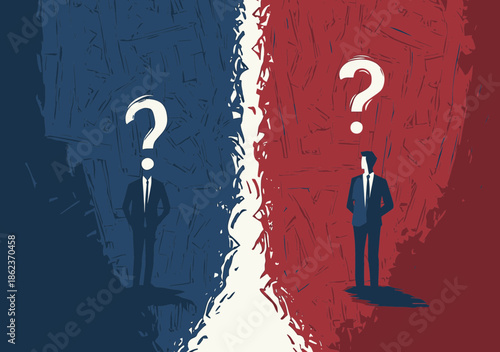 Businessman silhouette with question mark above head standing at crossroads between blue and red abstract backgrounds symbolizing decision making and confusion concept vector illustration
