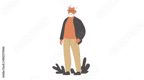 Elderly man with white hair and beard wearing glasses casual jacket and pants standing outdoors minimalist flat vector illustration