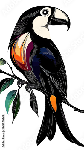 Stylized vector illustration of black toucan bird with colorful beak and feathers perched on leafy branch in minimalist flat design