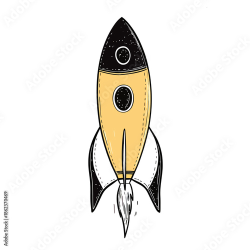 Hand Drawn Cartoon Rocket Ship Launching with Flame, Space Exploration Illustration with Yellow and Black Minimalist Design for Kids Science Concept