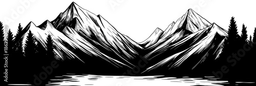 Black and white hand drawn vector mountain landscape with pine forest and reflective lake in minimalist woodcut style illustration for nature and outdoors concept