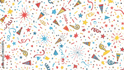 Celebration pattern, confetti, party poppers, stars, streamers, festive background