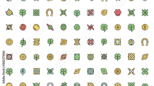 Lucky Charm Icons Set: Clover, Horseshoe, Coin, Four-Leaf, Saint Patrick