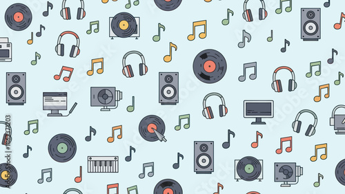 Music Pattern: Vinyl Records, Headphones, Speakers, Notes - Retro Technology