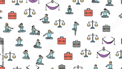Seamless Pattern: Balance of Work and Wellbeing - Yoga, Scales, Briefcase