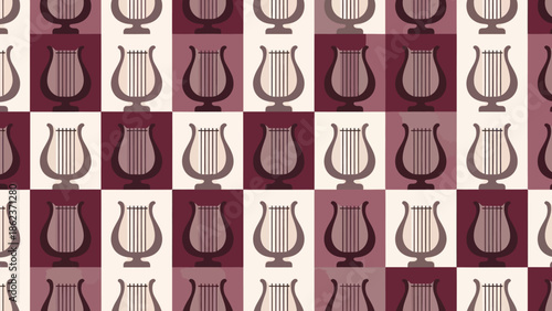 Seamless Lyre Pattern: Vintage Musical Instrument Motif on Checkerboard Background