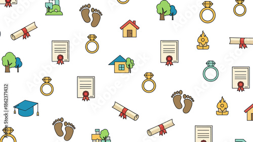 Seamless Pattern of Life Milestones: Footprints, Rings, Houses, Degrees, and Trees