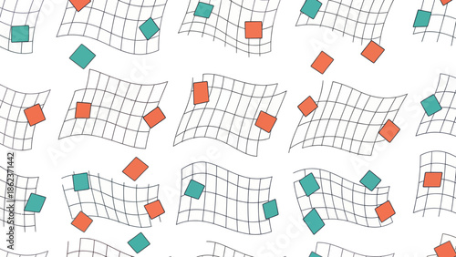 Abstract Geometric Pattern: Wavy Grid with Floating Diamonds in Orange and Teal