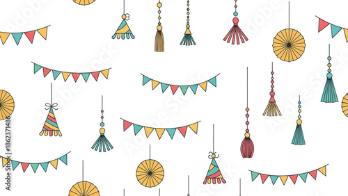 Hand-drawn Party Decorations Seamless Pattern: Flags, Hats, Tassels, Ornaments