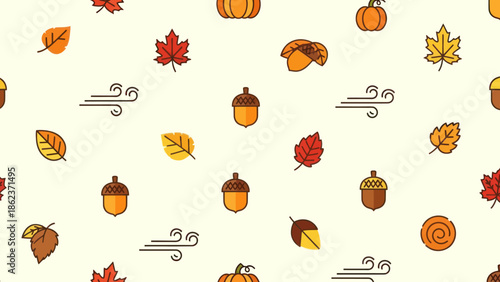 Autumn Pattern: Falling Leaves, Acorns, Pumpkins, and Wind - Seamless Vector Background