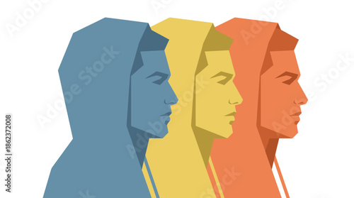 Three stylized hooded men in profile view shown in a repeating pattern with retro colors in a flat vector illustration style, isolated on a white background