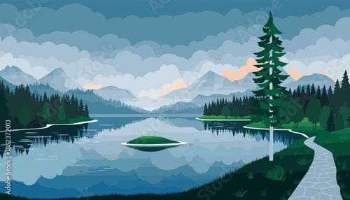 Serene mountain lake landscape vector illustration with a pine forest, calm water reflections, a small island, and a stone path under a cloudy sky at dusk