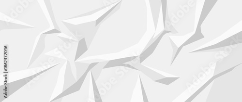Abstract white and gray polygonal pattern with a modern, low-poly style, featuring sharp geometric shapes and subtle shadows that create a three-dimensional crumpled paper effect