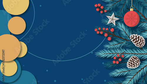 Festive Christmas tree branches with red ornaments, pine cones, berries, and a star decoration on a modern blue background with abstract shapes and copy space