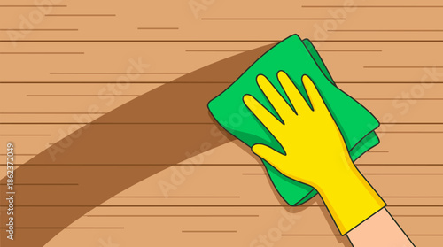 Hand in a yellow rubber glove wiping a wooden surface with a green cloth, a cartoon illustration showing a domestic chore of cleaning or dusting a table or floor