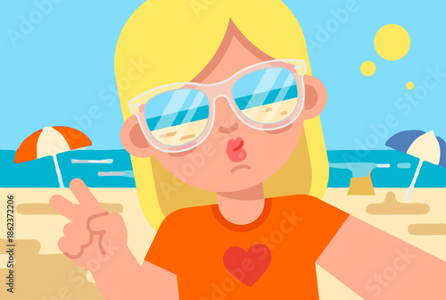 Cheerful cartoon woman with blonde hair and sunglasses takes a fun selfie, making a kissy face and showing a peace sign against a vibrant summer beach background