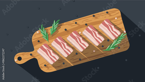 Raw bacon slices with fat streaks arranged neatly on a wooden cutting board with fresh rosemary and peppercorns, a flat lay vector illustration on a dark background