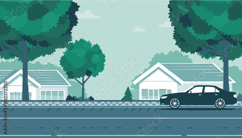 Suburban neighborhood street scene vector illustration showing a dark sedan driving past modern houses and lush green trees on a quiet day