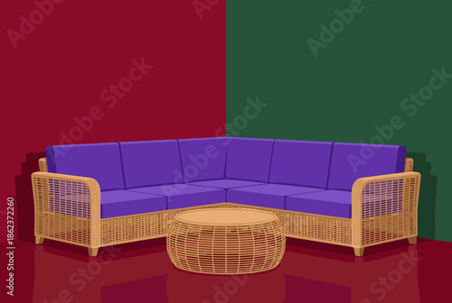 Modern wicker corner sofa with purple cushions and a round coffee table in a minimalist room with a bold red and green color block background