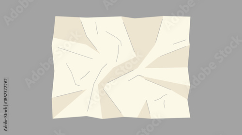 Crumpled sheet of off-white paper with many folds and creases, depicted in a minimalist flat vector illustration style and isolated on a neutral gray background