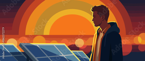 Young man in profile standing near solar panels at sunset, contemplating the future of renewable energy in a modern flat vector illustration style