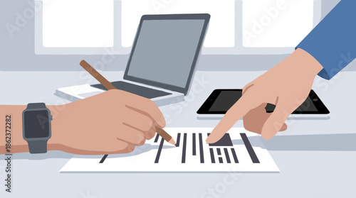 Two business people's hands signing a contract on an office desk with a laptop and tablet in a minimalist flat illustration style