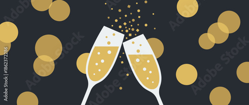 Two stylized champagne flute glasses toasting with golden bubbly and confetti, a festive celebration concept on a dark background with bokeh lights