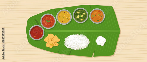 Traditional Indian thali meal served on a banana leaf with rice, various curries in bowls, and snacks, presented in a flat lay vector illustration on a wooden table