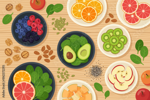 Collection of fresh healthy fruits, vegetables, nuts, and seeds including avocado, berries, and spinach arranged in bowls on a wooden table, top view flat lay illustration